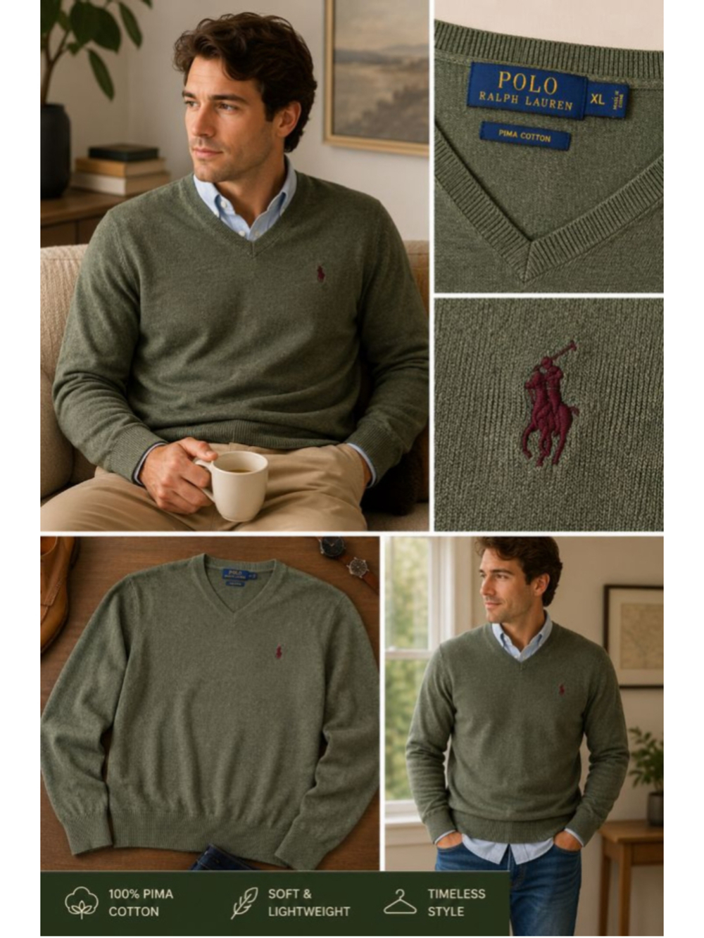 Polo Ralph Lauren Pima Cotton V Neck Sweater Mens XL Green Classic Logo Knit